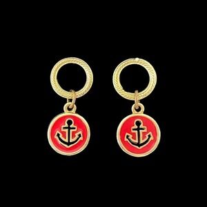 Vintage Enamel Anchor Earrings Red Gold Tone Nautical Maritime Navy Ocean Yacht